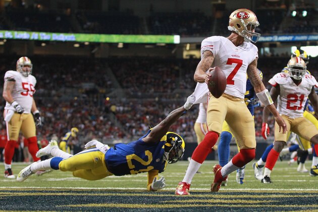 ST. LOUIS, MO - DECEMBER 2: Janoris Jenkins #21 of the St. Louis Rams pressures Colin Kaepernick #7 of the San Francisco 49ers into intentional grounding the ball for a safety at the Edward Jones Dome on December 2, 2012 in St. Louis, Missouri. The Rams beat the 49ers 16-13 in overtime. (Photo by Dilip Vishwanat/Getty Images)