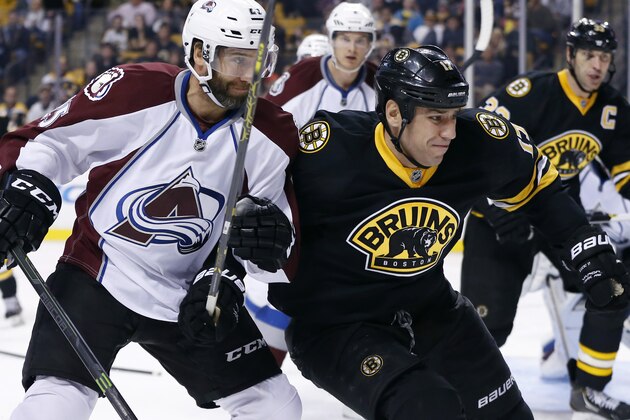 Boston Bruins left wing Milan Lucic, right, keeps Colorado Avalanche Maxime Talbot from getting to the puck in the second period of an NHL hockey game in Boston, Monday, Oct. 13, 2014. (AP Photo/Elise Amendola)
