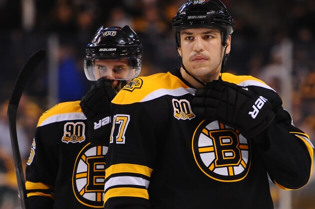 BOSTON, MA - NOVEMBER 30: David Krejci #46 and Milan Lucic #17 of the Boston Bruins wait for a face off against the Columbus Blue Jackets at the TD Garden on November 30, 2013 in Boston, Massachusetts.  (Photo by Steve Babineau/NHLI via Getty Images)