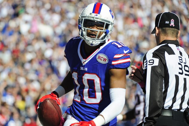 Buffalo Bills wide receiver Robert Woods (10) reacts after scoring a touchdown during the first half of an NFL football game against the New England Patriots Sunday, Oct. 12, 2014, in Orchard Park, N.Y. (AP Photo/Gary Wiepert)