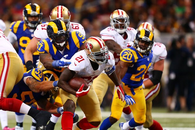 ST LOUIS, MO - OCTOBER 13:  Frank Gore #21 of the San Francisco 49ers carries the ball in the third quarter against the St. Louis Rams at Edward Jones Dome on October 13, 2014 in St Louis, Missouri.  (Photo by Dilip Vishwanat/Getty Images)