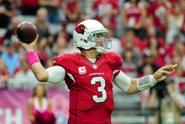 Oct 12, 2014; Glendale, AZ, USA; Arizona Cardinals quarterback Carson Palmer (3) throws during the first half against the Washington Redskins at University of Phoenix Stadium. Mandatory Credit: Matt Kartozian-USA TODAY Sports
