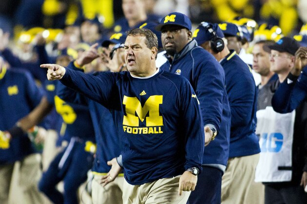 Michigan head coach Brady Hoke reacts on the sideline in the fourth quarter of an NCAA college football game against Penn State in Ann Arbor, Mich., Saturday, Oct. 11, 2014. Michigan won 18-13. (AP Photo/Tony Ding)