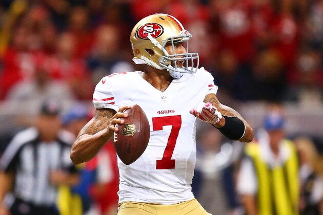 ST LOUIS, MO - OCTOBER 13:   Colin Kaepernick #7 of the San Francisco 49ers looks to pass against the St. Louis Rams in the second quarter at Edward Jones Dome on October 13, 2014 in St Louis, Missouri.  (Photo by Dilip Vishwanat/Getty Images)