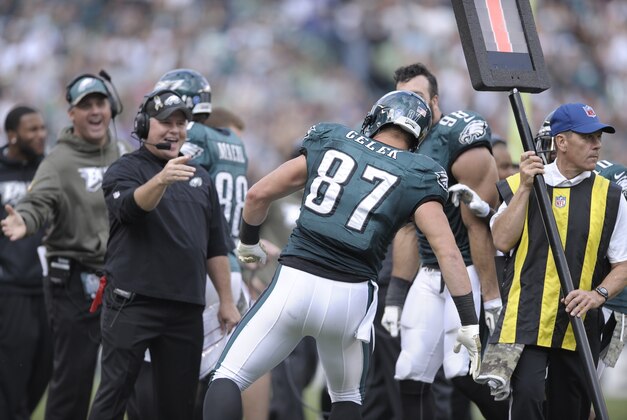 Philadelphia Eagles' Brent Celek and Chip Kelly are seen in the first half of an NFL football game against the Washington Redskins in Philadelphia, Sunday, Nov. 17, 2013. (AP Photo/Michael Perez) Philadelphia Eagles' Brent Celek and Chip Kelly are seen in the first half of an NFL football game against the Washington Redskins in Philadelphia, Sunday, Nov. 17, 2013. (AP Photo/Michael Perez)