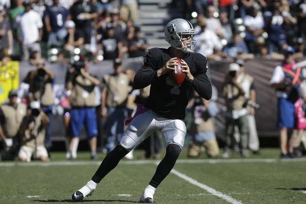 Oakland Raiders quarterback Derek Carr (4) passes against the San Diego Chargers during the first quarter of an NFL football game in Oakland, Calif., Sunday, Oct. 12, 2014. (AP Photo/Jeff Chiu)