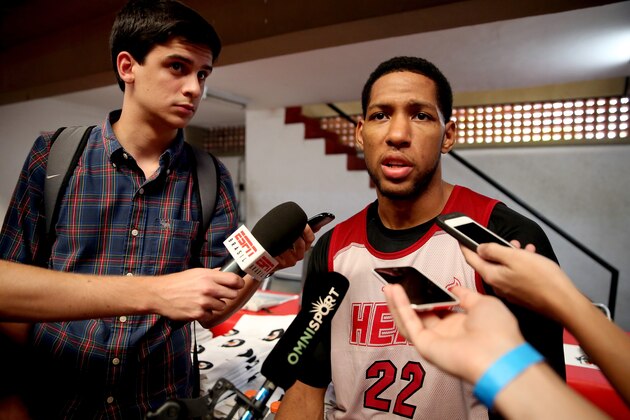 RIO DE JANEIRO, BRAZIL - OCTOBER 09:  Danny Granger  #22 of the Miami Heat fields questions from the media after practice at Clube de Regatas do Flamengo in preparation for their game against the Cleveland Cavaliers on October 9, 2014 in Rio de Janeiro, Brazil.  NOTE TO USER: User expressly acknowledges and agrees that, by downloading and or using this photograph, User is consenting to the terms and conditions of the Getty Images License Agreement. (Photo by Matthew Stockman/Getty Images)