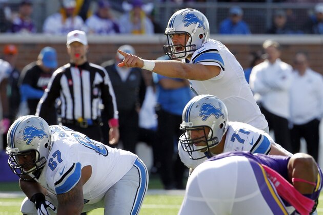 Detroit Lions quarterback Matthew Stafford calls out a play during the second half of an NFL football game against the Minnesota Vikings, Sunday, Oct. 12, 2014, in Minneapolis. (AP Photo/Ann Heisenfelt)