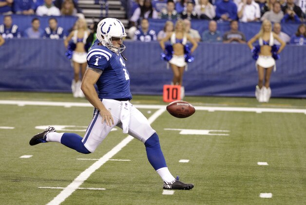 Indianapolis Colts punter Pat McAfee punts during the first half of an NFL football game against the Philadelphia Eagles Monday, Sept. 15, 2014, in Indianapolis. (AP Photo/Darron Cummings)