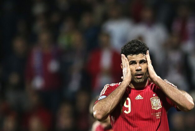 Diego Costa from Spain reacts during the Group C Euro 2016 qualifying match between Slovakia and Spain in Zilina, Slovakia, Thursday, Oct. 9, 2014. (AP Photo/Petr David Josek)