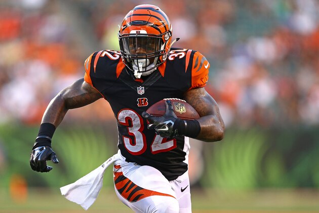 CINCINNATI, OH - AUGUST 28:  Jeremy Hill #32 of the Cincinnati Bengals runs with the ball during the second quarter against the Indianapolis Colts at Paul Brown Stadium on August 28, 2014 in Cincinnati, Ohio. (Photo by Andy Lyons/Getty Images)