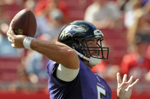 Baltimore Ravens quarterback Joe Flacco passe during an NFL football game against the Tampa Bay Buccaneers Sunday, Oct. 12, 2014 in Tampa, Fla. (AP Photo/Steve Nesius)