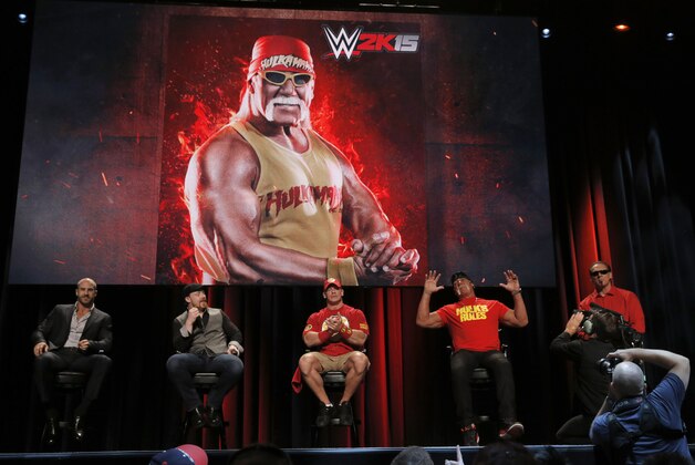 WWE Superstars Roman Reigns, Cesaro, Sheamus, WWE 2K15 cover Superstar John Cena as well as WWE Hall of Famer Hulk Hogan and iconic competitor Sting attend the SummerSlam Confidential Panel at Club Nokia, on Saturday, August 16, 2014 in Los Angeles. (Photo by Todd Williamson/Invision for 2K/AP Images)