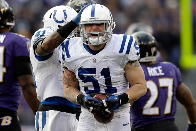 BALTIMORE, MD - JANUARY 06:  Pat Angerer #51 of the Indianapolis Colts reacts after he recovered a fumble in the second half against the Baltimore Ravens during the AFC Wild Card Playoff Game at M&T Bank Stadium on January 6, 2013 in Baltimore, Maryland.  (Photo by Rob Carr/Getty Images)
