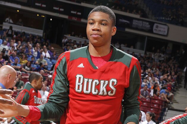 SACRAMENTO, CA - MARCH 23: Giannis Antetokounmpo #34 of the Milwaukee Bucks gets introduced into the starting lineup against the Sacramento Kings on March 23, 2014 at Sleep Train Arena in Sacramento, California. NOTE TO USER: User expressly acknowledges and agrees that, by downloading and or using this photograph, User is consenting to the terms and conditions of the Getty Images Agreement. Mandatory Copyright Notice: Copyright 2014 NBAE (Photo by Rocky Widner/NBAE via Getty Images)