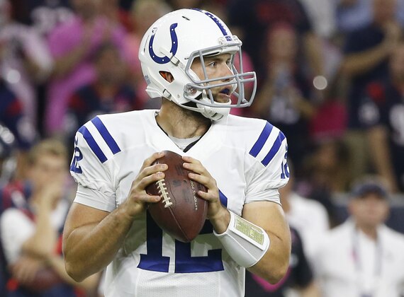 HOUSTON, TX- OCTOBER 09: Andrew Luck #12 of the Indianapolis Colts in the pocket against the  Houston Texans in a NFL game on October 9, 2014 at NRG Stadium in Houston, Texas. (Photo by Scott Halleran/Getty Images)