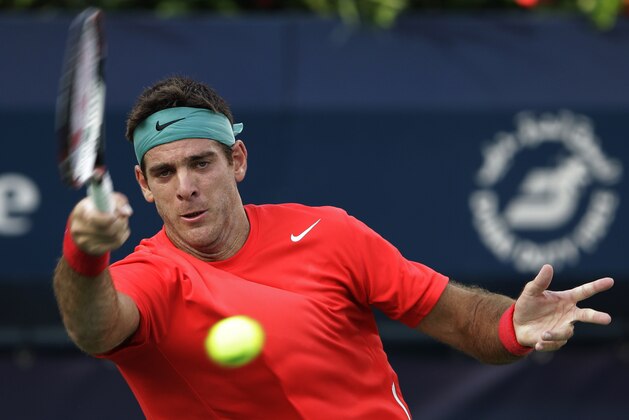 Juan Martin Del Potro of Argentina returns the ball to Somdev Devvarman of India during the second round of the Dubai Duty Free Tennis Championships in Dubai, United Arab Emirates, Tuesday, Feb. 25, 2014. (AP Photo/Kamran Jebreili)