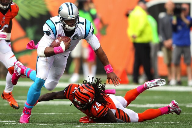 CINCINNATI, OH - OCTOBER 12:  Adam Jones #24 of the Cincinnati Bengals trips up Cam Newton #1 of the Carolina Panthers during the fourth quarter at Paul Brown Stadium on October 12, 2014 in Cincinnati, Ohio. (Photo by John Grieshop/Getty Images)