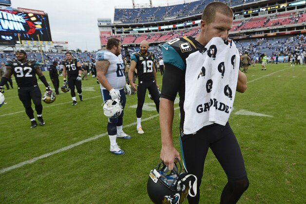 Jacksonville Jaguars kicker Josh Scobee (10) leaves the field after the Jaguars lost to the Tennessee Titans 16-14 in an NFL football game Sunday, Oct. 12, 2014, in Nashville, Tenn. A 55-yard field goal attempt by Scobee in the final seconds of the game was blocked. (AP Photo/Mark Zaleski)