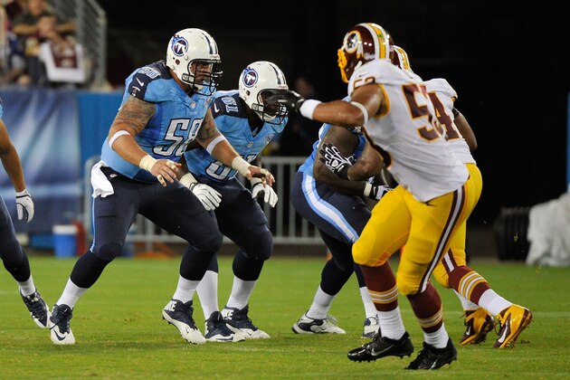 NASHVILLE, TN - AUGUST 08:  Robert Turner #58 of the Tennessee Titans plays against the Washington Redskins during a pre-season game at LP Field on August 8, 2013 in Nashville, Tennessee.  (Photo by Frederick Breedon/Getty Images)