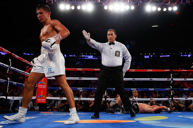NEW YORK, NY - JULY 26:  Gennady Golovkin is sent to a nuteral corner after knocking out Daniel Geale in the third round to win the WBA/IBO middleweight championship at Madison Square Garden on July 26, 2014 in New York City.  (Photo by Mike Stobe/Getty Images)