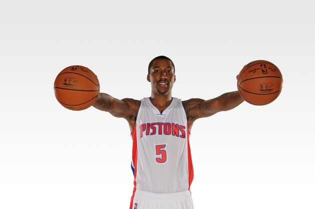 AUBURN HILLS, MI - SEPTEMBER 29: Kentavious Caldwell-Pope #5 of the Detroit Pistons poses for a portrait during Detroit Pistons Media Day on September 29, 2014 at The Palace of Auburn Hills in Auburn Hills, Michigan. NOTE TO USER: User expressly acknowledges and agrees that, by downloading and/or using this photograph, User is consenting to the terms and conditions of the Getty Images License Agreement.  Mandatory Copyright Notice: Copyright 2014 NBAE (Photo by Allen Einstein/NBAE via Getty Image