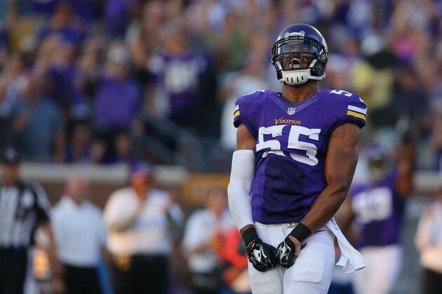MINNEAPOLIS, MN - SEPTEMBER 28: Anthony Barr #55 of the Minnesota Vikings celebrates his sack of Matt Ryan of the Atlanta Falcons at TCF Bank Stadium on September 28, 2014 in Minneapolis, Minnesota. (Photo by Adam Bettcher/Getty Images)