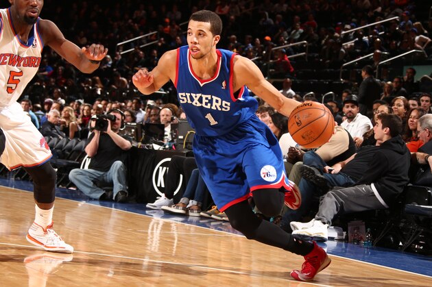 NEW YORK, NY - MARCH 10: Michael Carter-Williams #1 of the Philadelphia 76ers drives against the New York Knicks during a game at Madison Square Garden in New York City. NOTE TO USER: User expressly acknowledges and agrees that, by downloading and or using this photograph, User is consenting to the terms and conditions of the Getty Images License Agreement. Mandatory Copyright Notice: Copyright 2014 NBAE (Photo by Nathaniel S. Butler/NBAE via Getty Images)