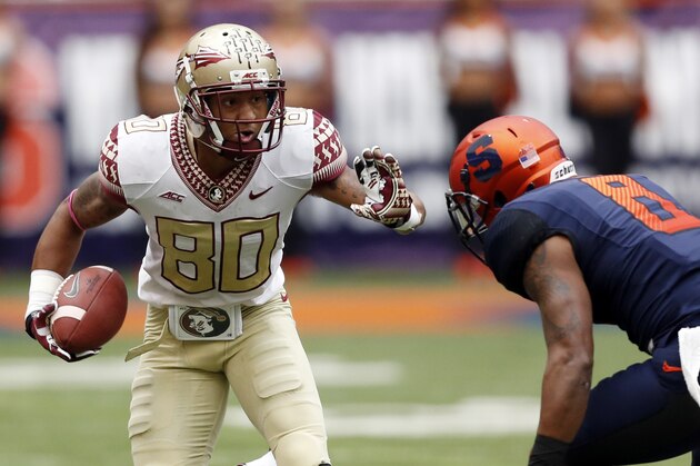 Florida State wide receiver Rashad Greene (80) picks up yards after a catch against Syracuse safety Darius Kelly during the first half of an NCAA college football game on Saturday, Oct. 11, 2014, in Syracuse, N.Y. (AP Photo/Mike Groll)