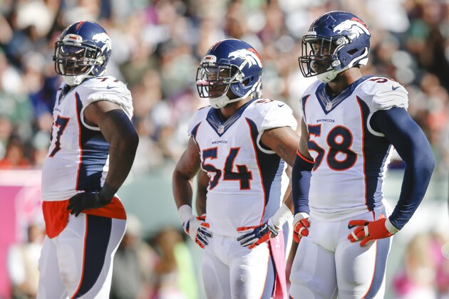 Denver Broncos outside linebacker Von Miller (58), outside linebacker Brandon Marshall (54) and defensive end Malik Jackson (97) wait on the line of scrimmage against the New York Jets during the fourth quarter of an NFL football game, Sunday, Oct. 12, 2014, in East Rutherford, N.J. (AP Photo/Kathy Willens)