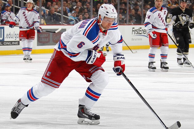 PITTSBURGH, PA - FEBRUARY 7:  Anton Stralman #6 of the New York Rangers skates against the Pittsburgh Penguins on February 7, 2014 at Consol Energy Center in Pittsburgh, Pennsylvania.  (Photo by Gregory Shamus/NHLI via Getty Images)