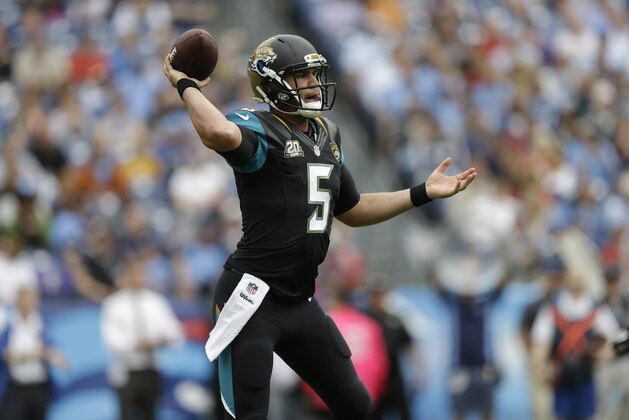 Jacksonville Jaguars quarterback Blake Bortles plays against the Tennessee Titans in the first quarter of an NFL football game Sunday, Oct. 12, 2014, in Nashville, Tenn. (AP Photo/Wade Payne)