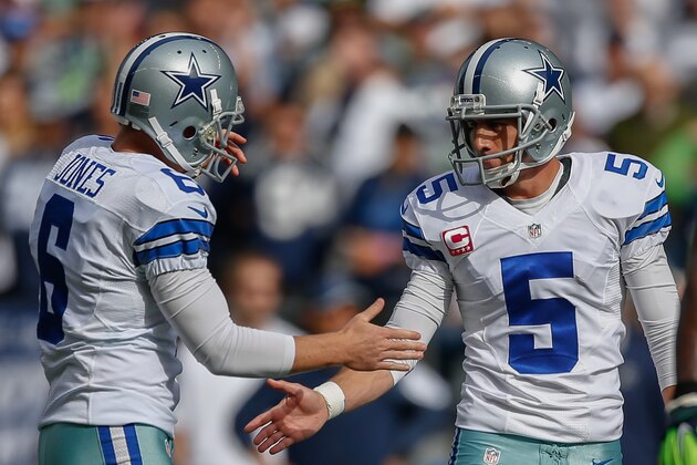 SEATTLE, WA - OCTOBER 12:  Kicker Dan Bailey #5 of the Dallas Cowboys is congratulated by holder Chris Jones #6 after kicking a field goal to tie the score at 10-10 in the second quarter against the Seattle Seahawks at CenturyLink Field on October 12, 2014 in Seattle, Washington. The Cowboys defeated the Seahawks 30-23.  (Photo by Otto Greule Jr/Getty Images)