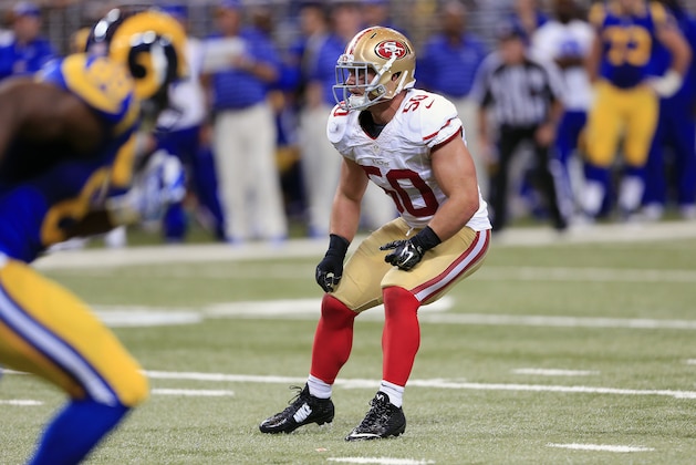 San Francisco 49ers inside linebacker Chris Borland (50) plays against the St. Louis Rams in the fourth quarter of an NFL football game Monday, Oct. 13, 2014, in St Louis. (AP Photo/Billy Hurst)