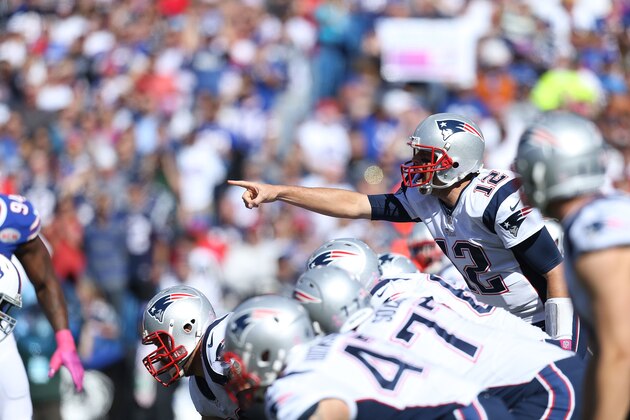 ORCHARD PARK, NY - OCTOBER 12:  Tom Brady #12 of the New England Patriots calls a play against the Buffalo Bills during the first half at Ralph Wilson Stadium on October 12, 2014 in Orchard Park, New York.  (Photo by Brett Carlsen/Getty Images)