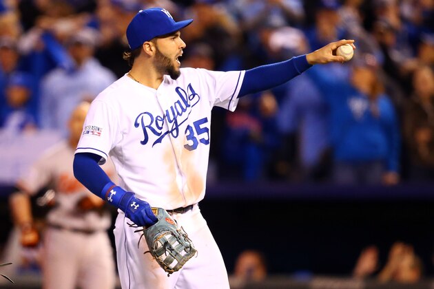 KANSAS CITY, MO - OCTOBER 14:  Eric Hosmer #35 of the Kansas City Royals celebrates after defeating the Baltimore Orioles 2 to 1 in Game Three of the American League Championship Series at Kauffman Stadium on October 14, 2014 in Kansas City, Missouri.  (Photo by Dilip Vishwanat/Getty Images)