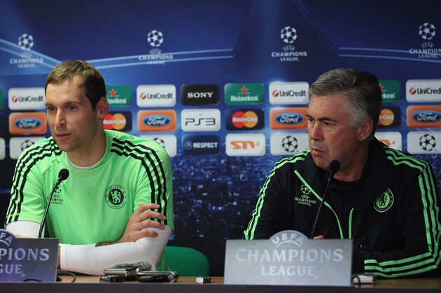 ZILINA, SLOVAKIA - SEPTEMBER 14:  Manager Carlo Ancelotti and goalkeeper Petr Cech look on during the Chelsea press conference, ahead of the UEFA Champions League Group F match against MSK Zilina, at the Pod Dubnom Stadium on September 14, 2010 in Zilina, Slovakia.  (Photo by Hamish Blair/Getty Images)