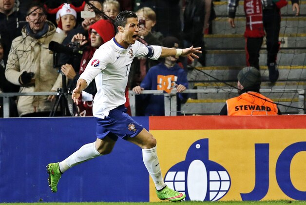 Christiano Ronaldo celebrates his last minute goal during a Euro 2016 group I qualifying soccer match between Denmark and Portugal in Copenhagen, Denmark,Tuesday, Oct. 14, 2014. (AP Photo/Jens Dresling/POLFOTO)  DENMARK OUT