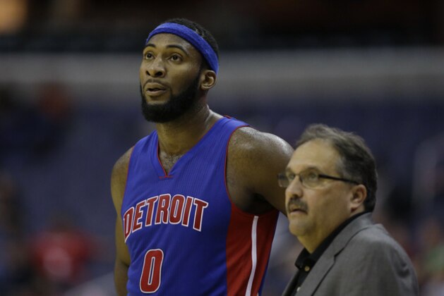 Detroit Pistons center Andre Drummond (0) stands with Detroit Pistons head coach Stan Van Gundy in the second half of a preseason NBA basketball game against the Washington Wizards Sunday, Oct. 12, 2014 in Washington. The Wizards won 91-89. (AP Photo/Alex Brandon)