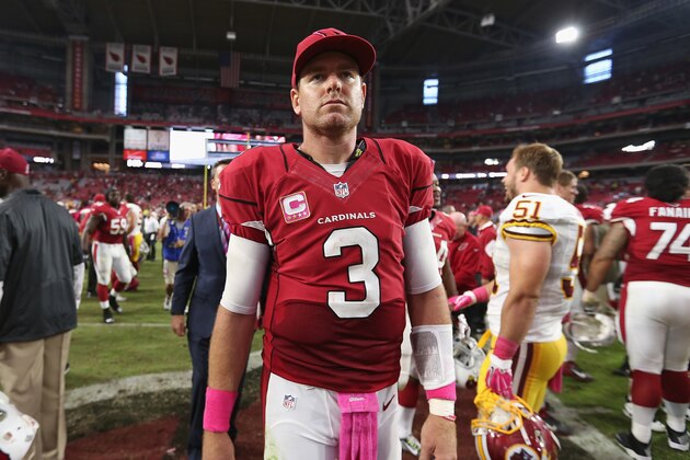 GLENDALE, AZ - OCTOBER 12:  Quarterback Carson Palmer #3 of the Arizona Cardinals following the NFL game against the Washington Redskins at the University of Phoenix Stadium on October 12, 2014 in Glendale, Arizona. The Cardinals defeated the Redskins 30-20.  (Photo by Christian Petersen/Getty Images)