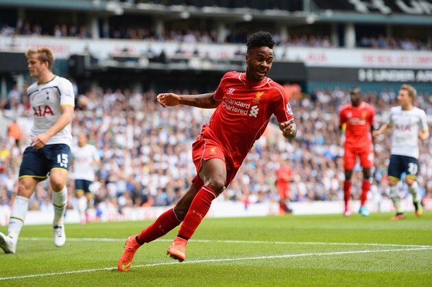 LONDON, ENGLAND - AUGUST 31:  Raheem Sterling of Liverpool celebrates scoring the opening goal during the Barclays Premier League match between Tottenham Hotspur and Liverpool at White Hart Lane on August 31, 2014 in London, England.  (Photo by Jamie McDonald/Getty Images)