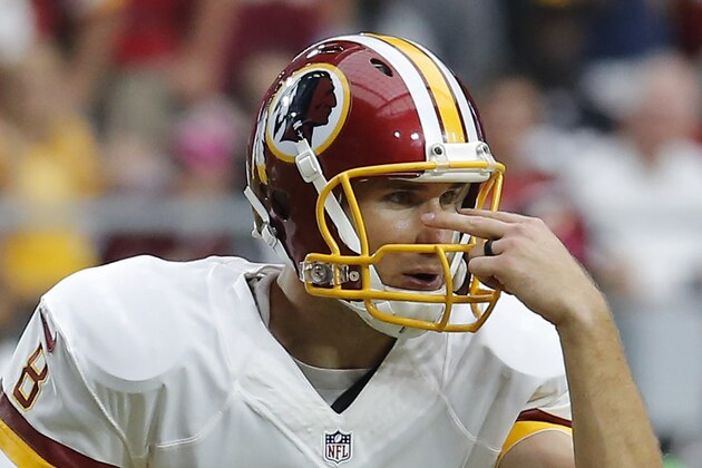 Washington Redskins quarterback Kirk Cousins (8) calls a play against the Arizona Cardinals during the first half of an NFL football game, Sunday, Oct. 12, 2014, in Glendale, Ariz.(AP Photo/Rick Scuteri)
