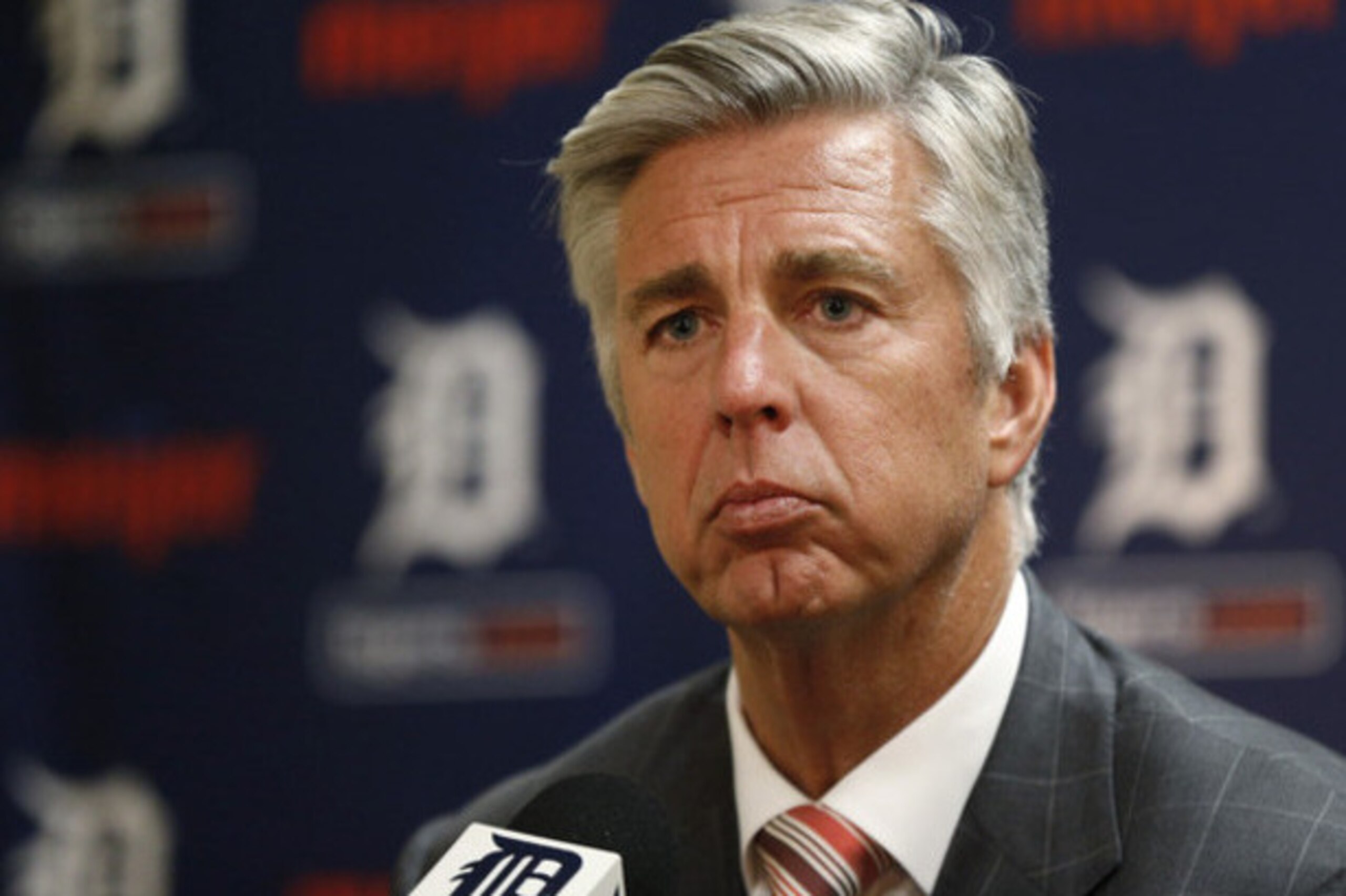 Detroit Tigers general manager Dave Dombrowski speaks to the media in Detroit Tuesday, Oct. 14, 2014. Dombrowski discussed the team's offseason plans. Detroit won the AL Central for a fourth straight year but was swept by Baltimore in the playoffs. (AP Photo/Paul Sancya)
