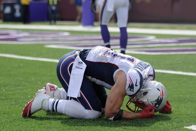 MINNEAPOLIS, MN - SEPTEMBER 14: Julian Edelman #11 of the New England Patriots reacts after a missing a reception due to pass interference during the third quarter of the game against the Minnesota Vikings on September 14, 2014 at TCF Bank Stadium in Minneapolis, Minnesota. The Patriots defeated the Vikings 30-7. (Photo by Hannah Foslien/Getty Images)