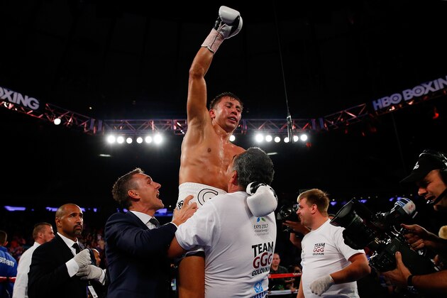 NEW YORK, NY - JULY 26: Gennady Golovkin celebrates after knocking out Daniel Geale in the third round to win the WBA/IBO middleweight championship at Madison Square Garden on July 26, 2014 in New York City. (Photo by Mike Stobe/Getty Images) NEW YORK, NY - JULY 26: Gennady Golovkin celebrates after knocking out Daniel Geale in the third round to win the WBA/IBO middleweight championship at Madison Square Garden on July 26, 2014 in New York City. (Photo by Mike Stobe/Getty Images)