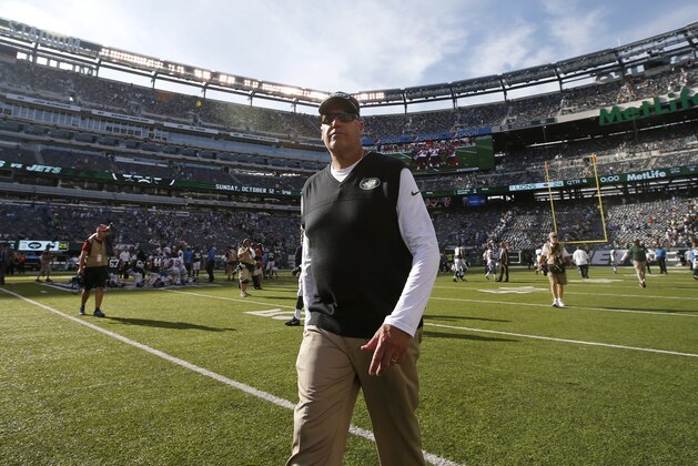 New York Jets head coach Rex Ryan walks off the field after an NFL football game against the Detroit Lions, Sunday, Sept. 28, 2014, in East Rutherford, N.J. The Lions won 24-17. (AP Photo/Kathy Willens)