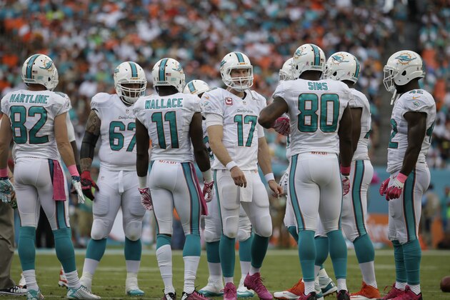 Miami Dolphins quarterback Ryan Tannehill (17) talks to tight end Dion Sims (80) during a time out during the first half of an NFL football game against the Green Bay Packers, Sunday, Oct. 12, 2014, in Miami Gardens, Fla. (AP Photo/Lynne Sladky)