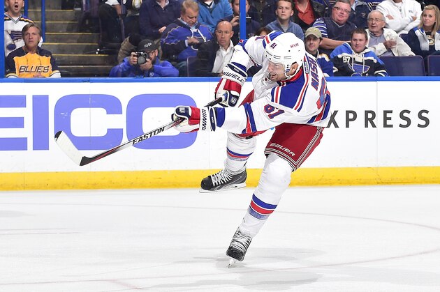ST. LOUIS, MO - OCTOBER 9: Rick Nash #61 of the New York Rangers shoots and scores a goal against the St. Louis Blues on October 9, 2014 at Scottrade Center in St. Louis, Missouri. (Photo by Scott Rovak/NHLI via Getty Images)