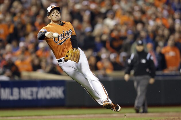 Baltimore Orioles third baseman Ryan Flaherty throws to first on a ball hit by Kansas City Royals' Omar Infante during the ninth inning of Game 2 of the American League baseball championship series Saturday, Oct. 11, 2014, in Baltimore. Infante was safe at first. (AP Photo/Patrick Semansky)