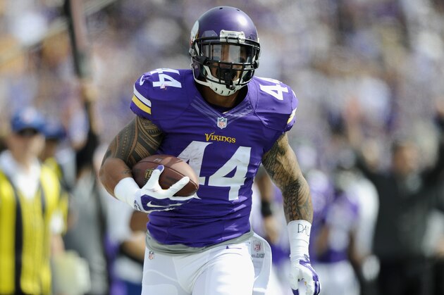 MINNEAPOLIS, MN - SEPTEMBER 14: Matt Asiata #44 of the Minnesota Vikings carries the ball during the first quarter of the game against the New England Patriots on September 14, 2014 at TCF Bank Stadium in Minneapolis, Minnesota. Asiata scored a touchdown on the play. (Photo by Hannah Foslien/Getty Images) MINNEAPOLIS, MN - SEPTEMBER 14: Matt Asiata #44 of the Minnesota Vikings carries the ball during the first quarter of the game against the New England Patriots on September 14, 2014 at TCF Bank Stadium in Minneapolis, Minnesota. Asiata scored a touchdown on the play. (Photo by Hannah Foslien/Getty Images)